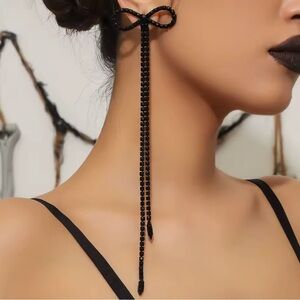 Bow earrings dangle black rhinestone long chic jewelry